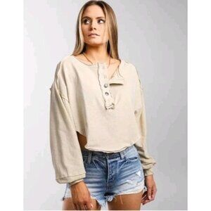 We The Free Boho Casual Grunge Hi Lo Long Sleeve Sweatshirt Top Medium Cream